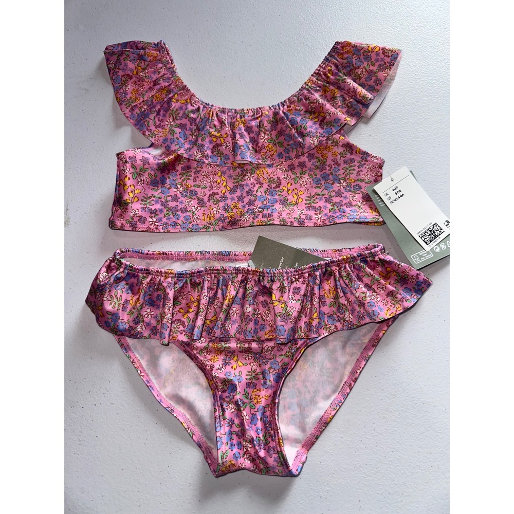 H&M Girls Pink Floral Ruffle Bikini Set Recycled Polyester 2-Piece Swimsuit 5T 6